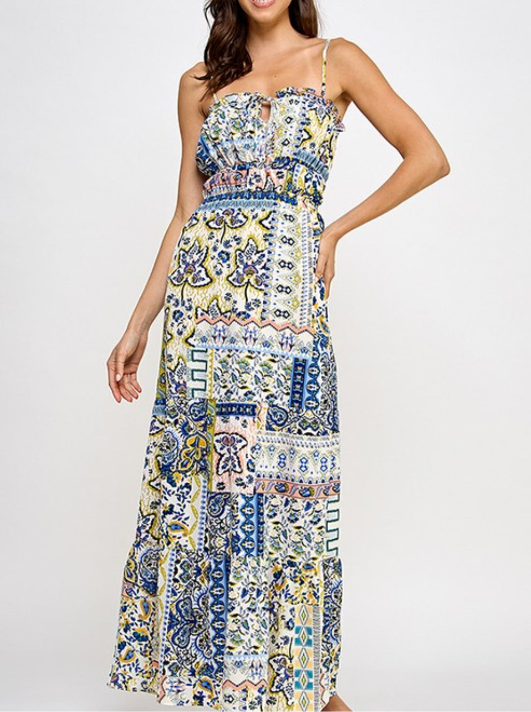 Vestido largo con cortes y estampado azul