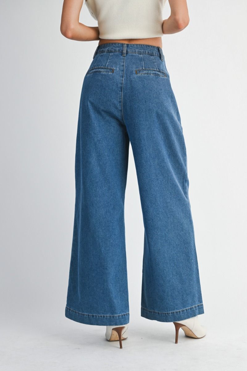 Denim front pleated detail wide leg jeans