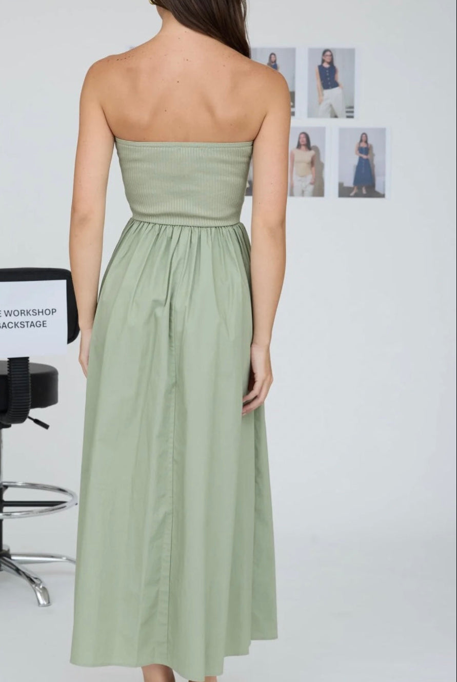 STRAPLESS TWIST FRONT MIXED MEDIA MIDI DRESS