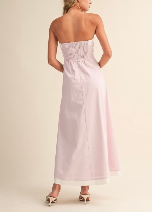 Linen Strapless Contrast Edge Flared Midi Dress