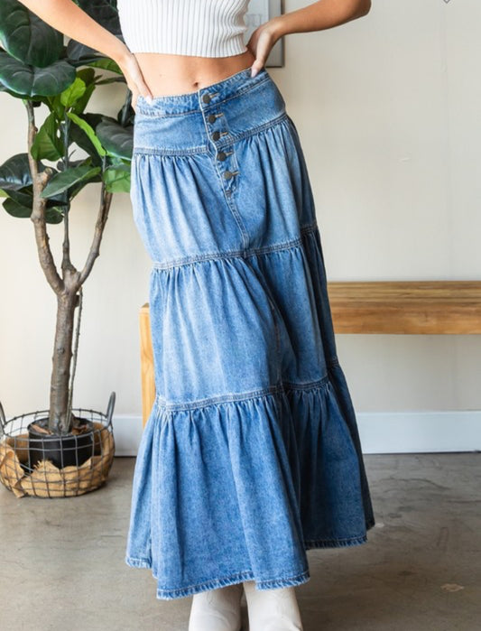 Button 3 Tiered Denim Skirt