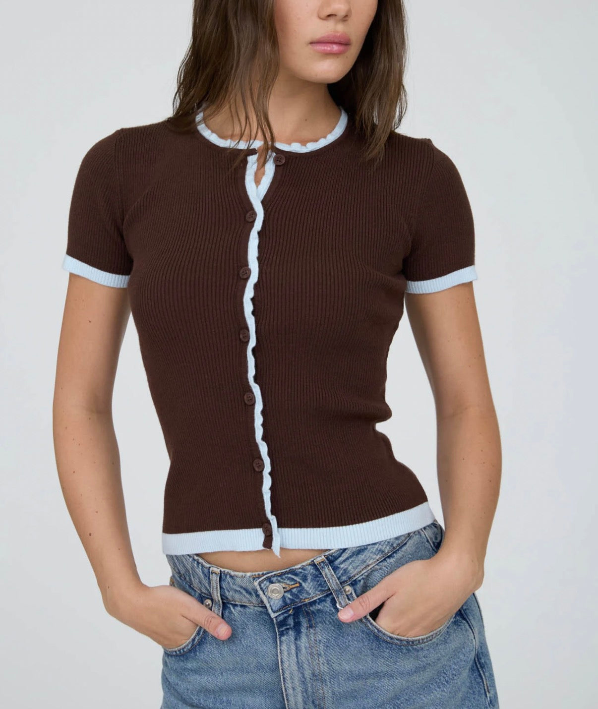CONTRAST SHORT SLEEVE KNIT CARDIGAN