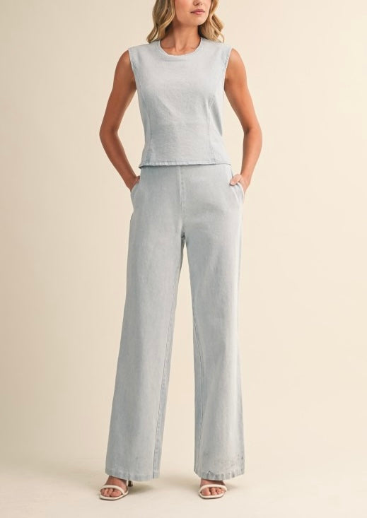 Denim Backless Waist Tie Sleeveless Jumpsuit