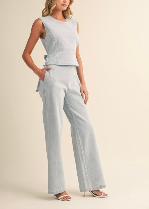 Denim Backless Waist Tie Sleeveless Jumpsuit