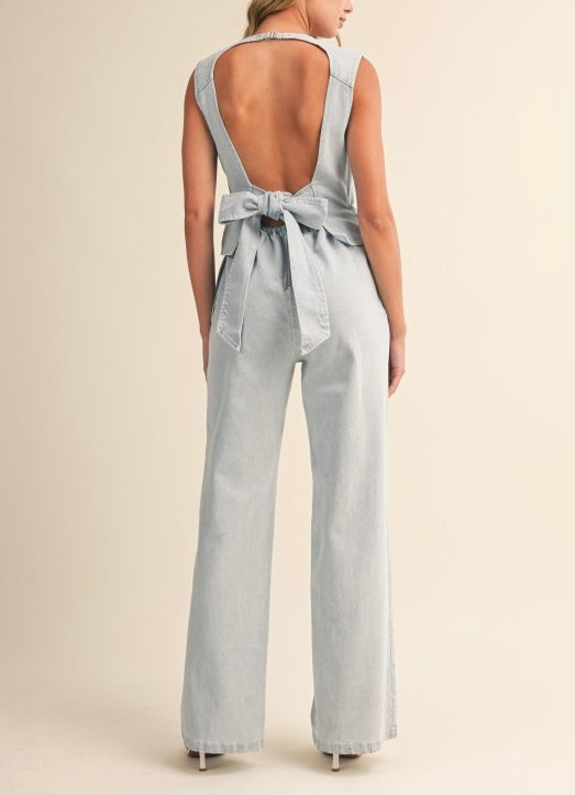 Denim Backless Waist Tie Sleeveless Jumpsuit