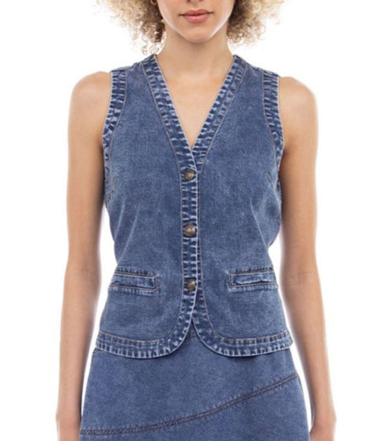 Denim Vest With Front Welt Pockets