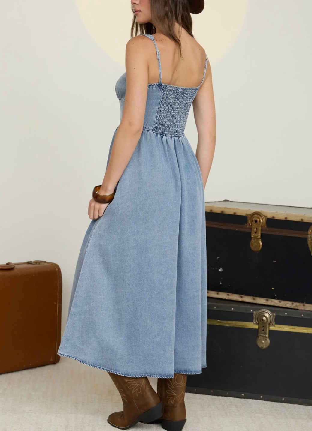 DENIM SLEEVELESS CORSET DETAIL MIDI DRESS