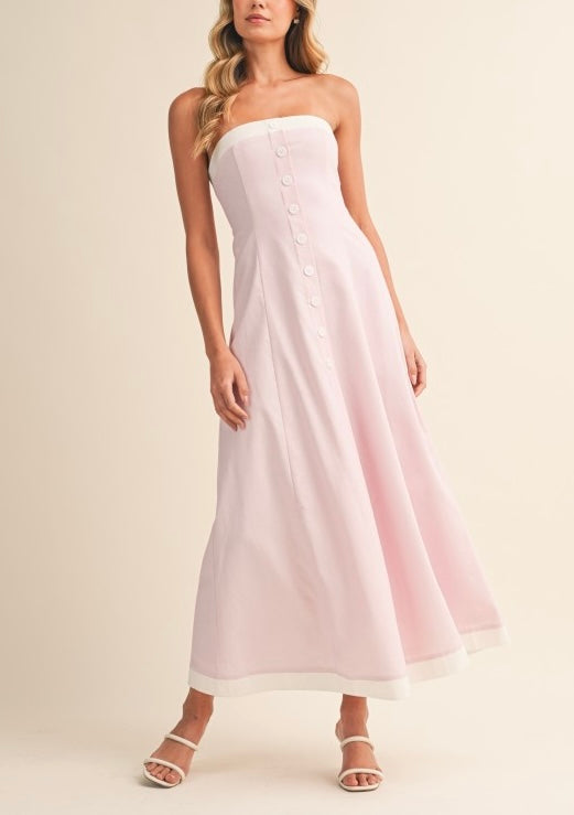 Linen Strapless Contrast Edge Flared Midi Dress