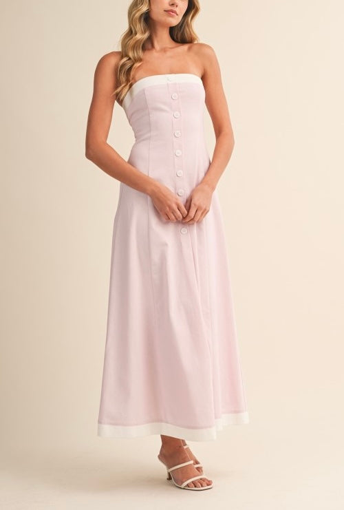 Linen Strapless Contrast Edge Flared Midi Dress