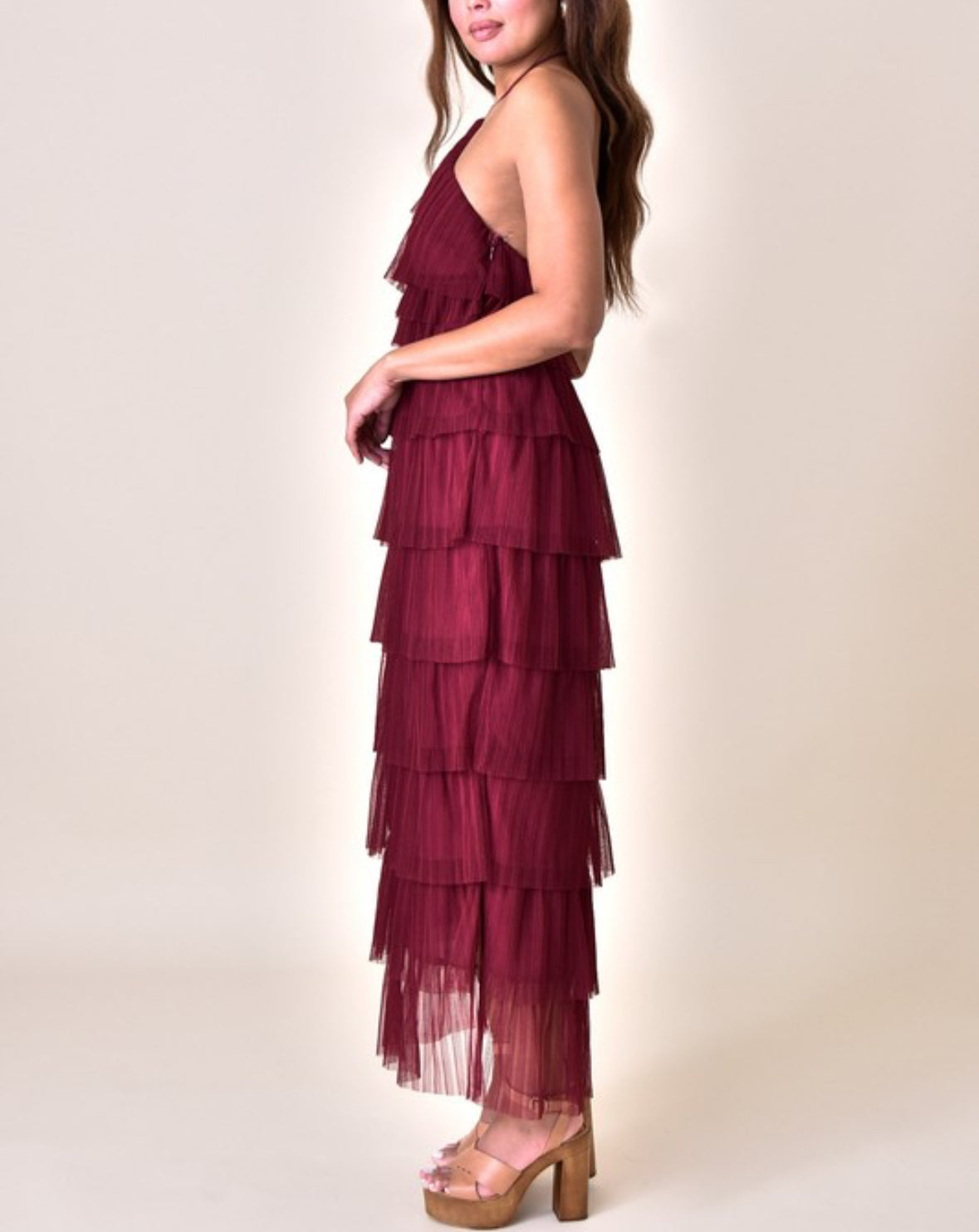 HALTER NECK TIERED PLEATED MAXI DRESS