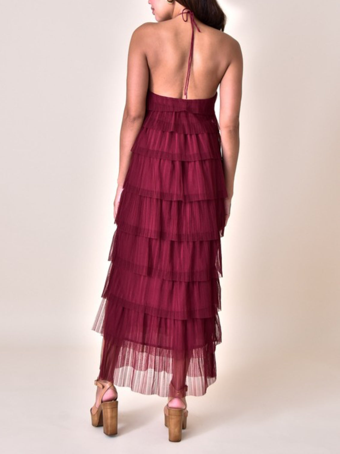 HALTER NECK TIERED PLEATED MAXI DRESS