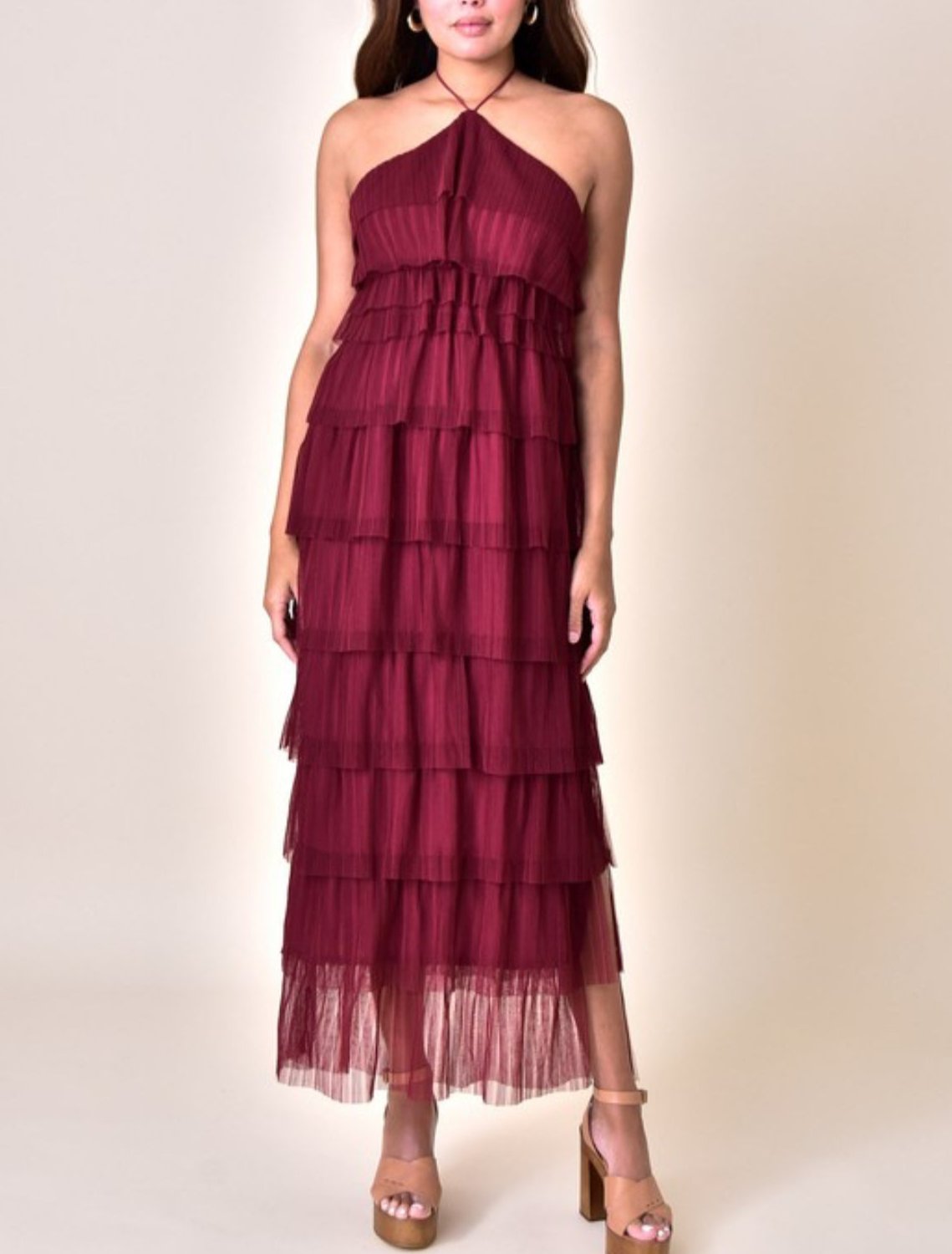 HALTER NECK TIERED PLEATED MAXI DRESS