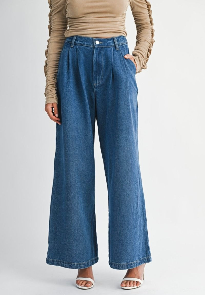 High-rise wide-leg denim pants with front pleats