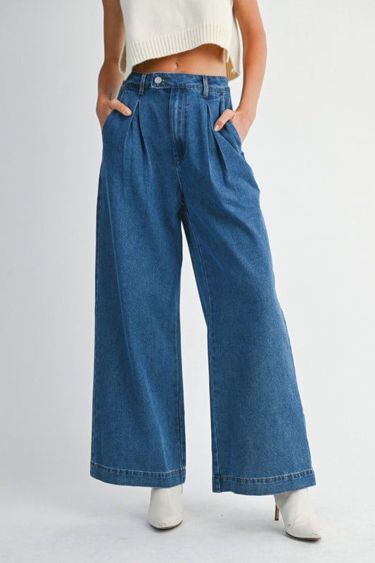 Denim front pleated detail wide leg jeans