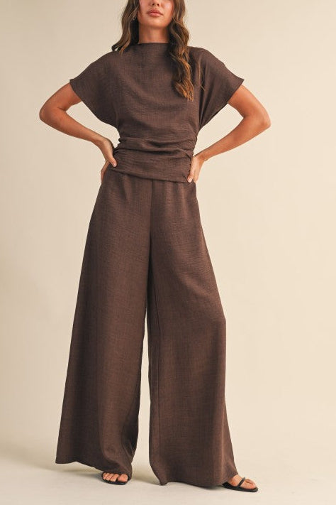 Short Sleeve Ruched Wide Leg Jumpsuit