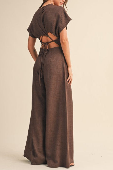 Short Sleeve Ruched Wide Leg Jumpsuit
