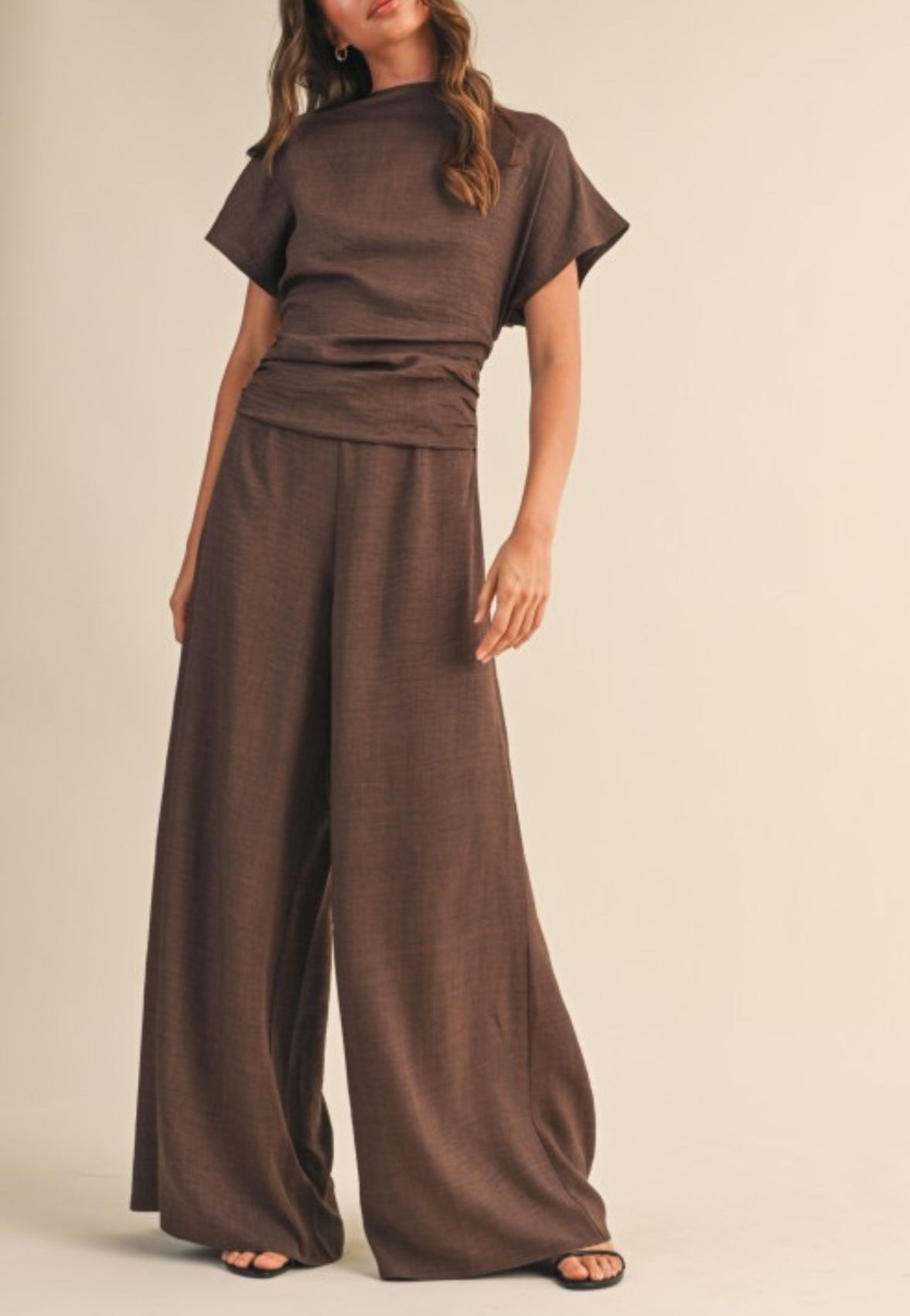 Short Sleeve Ruched Wide Leg Jumpsuit