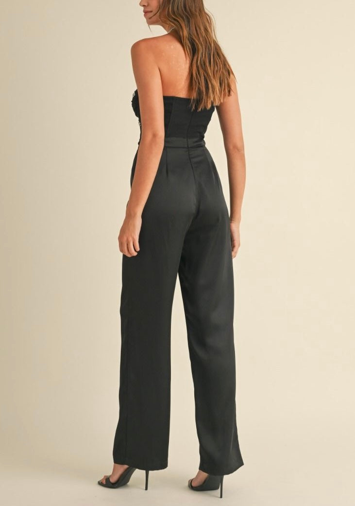 Solid satin with rhinestone jumpsuit