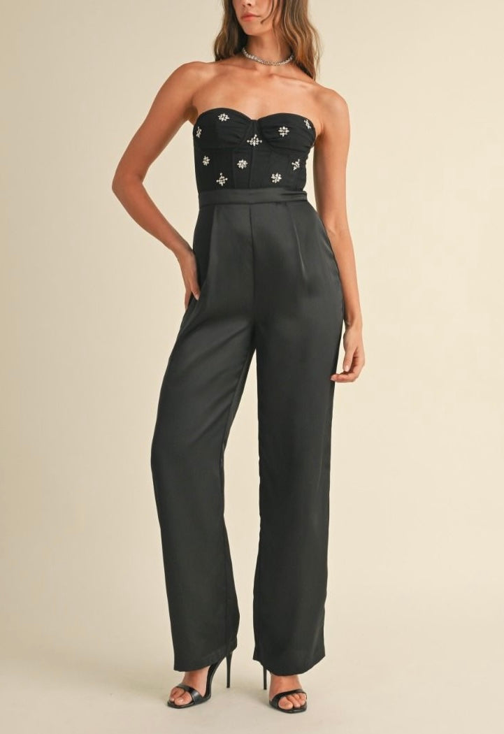 Solid satin with rhinestone jumpsuit