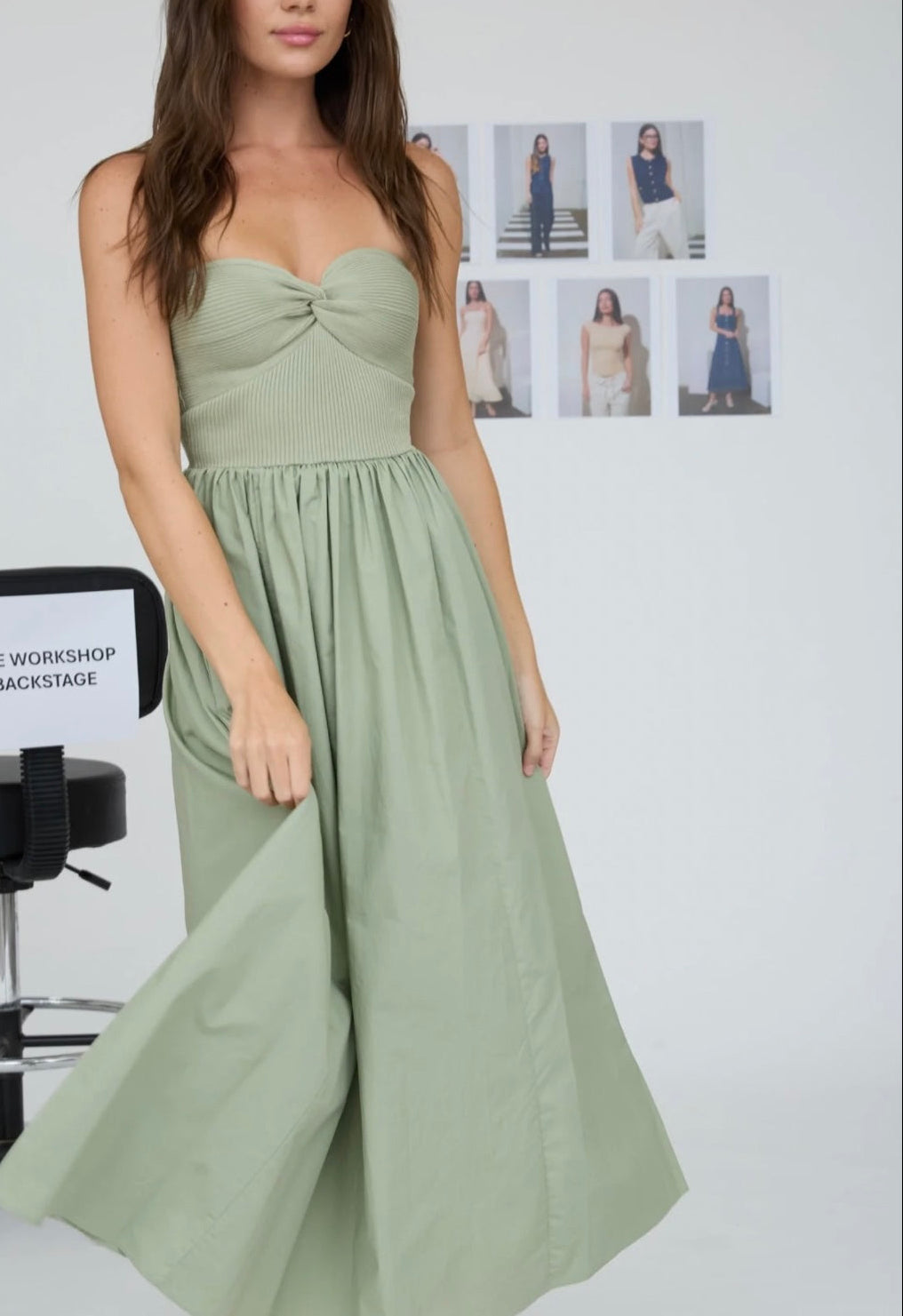 STRAPLESS TWIST FRONT MIXED MEDIA MIDI DRESS