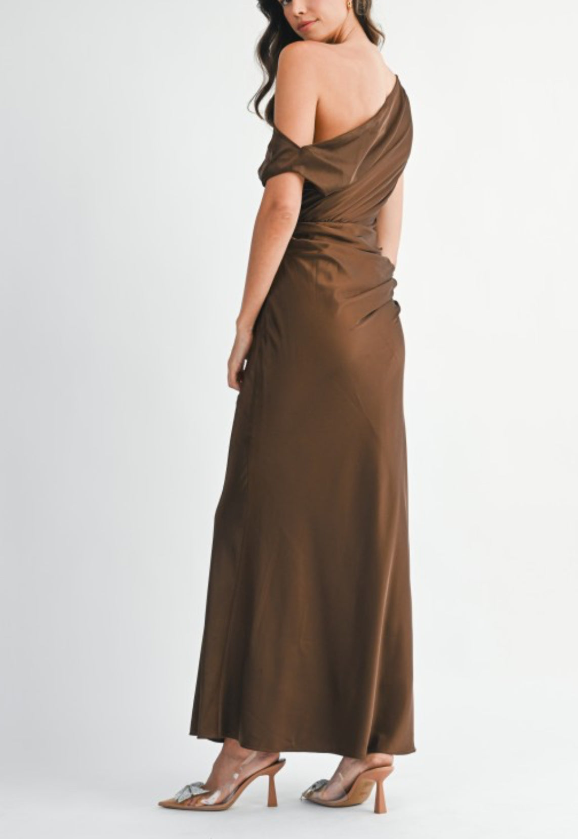 Satin One Sholder Draped Maxi Dress