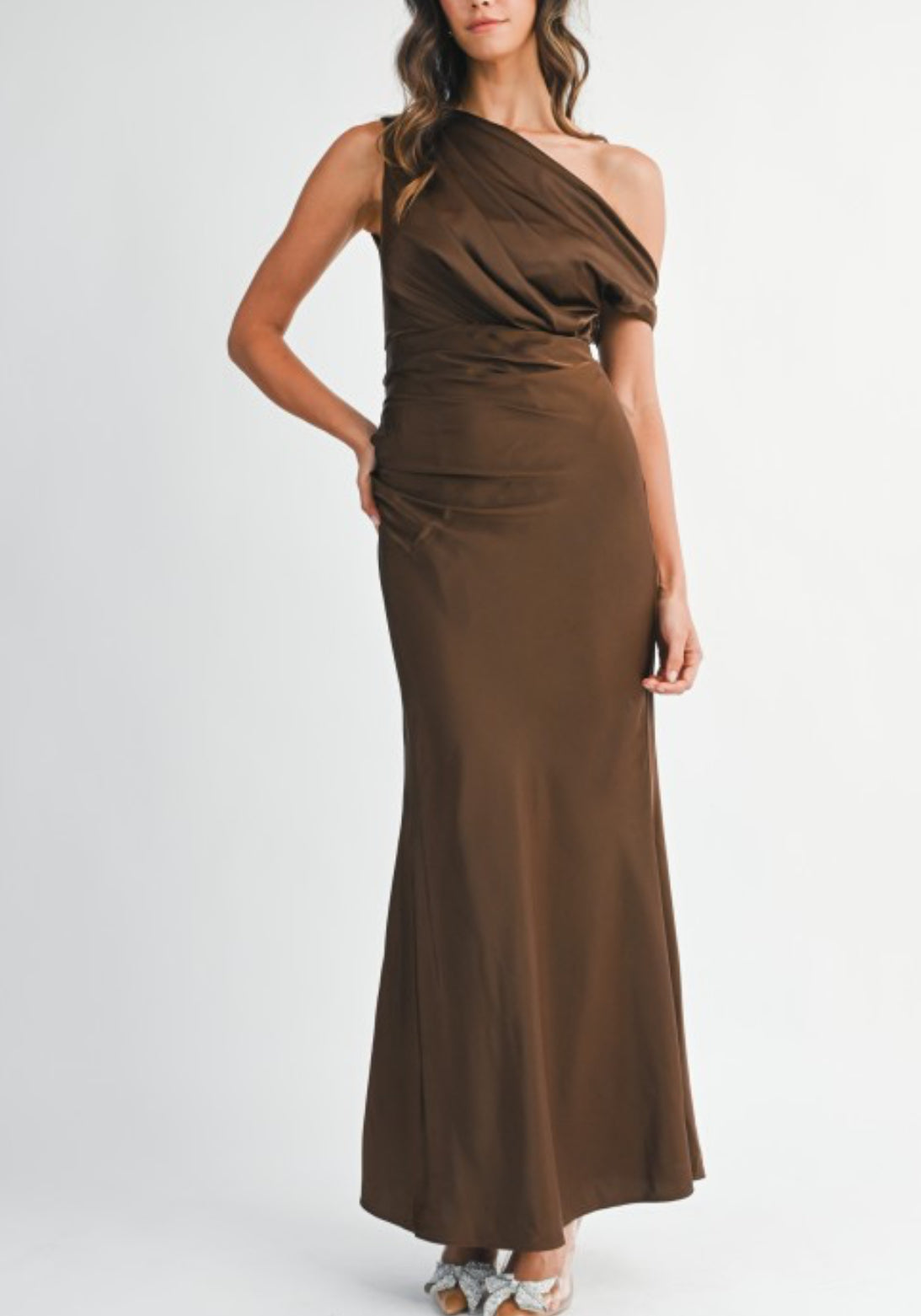 Satin One Sholder Draped Maxi Dress