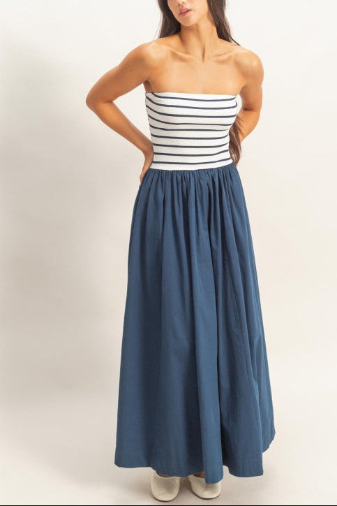 Striped Strapless Flowy Midi Dress