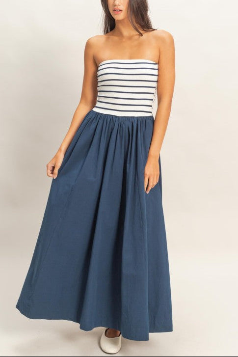 Striped Strapless Flowy Midi Dress