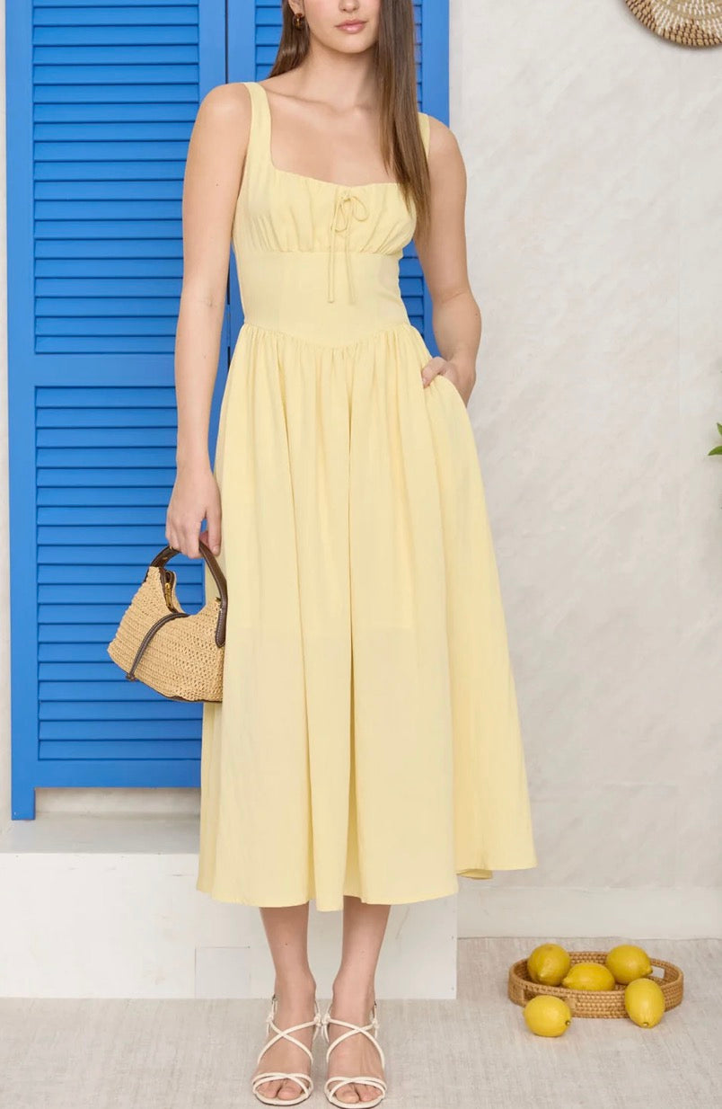 SQUARE NECK FRONT TIE CORSET DETAIL MIDI DRESS